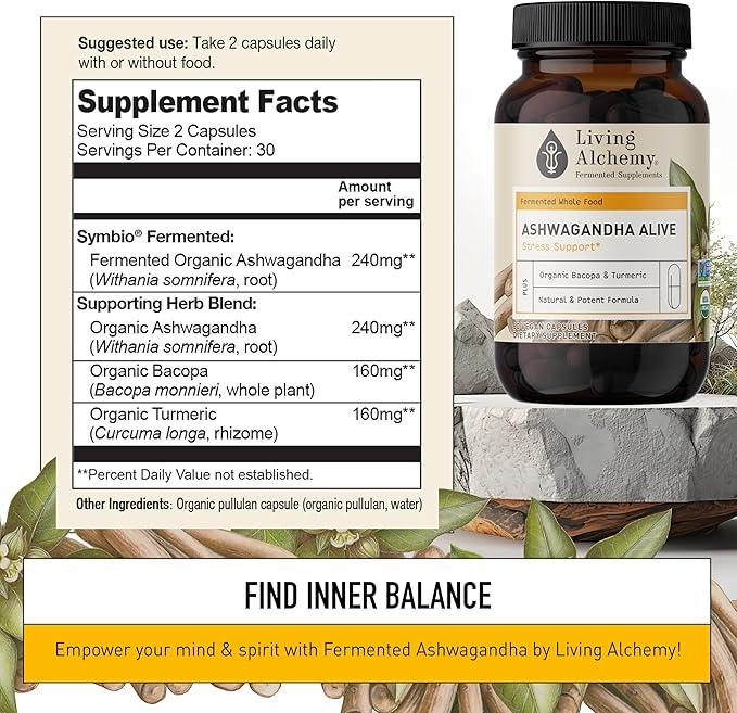 Living Alchemy Ashwagandha Supplement - Fermented Ashwagandha with Bacopa &amp Turmeric Curcumin Supplement - Sleep Quality Cognitive Mood Support Supplement for Men &amp Women - Vegan Non-GMO 6