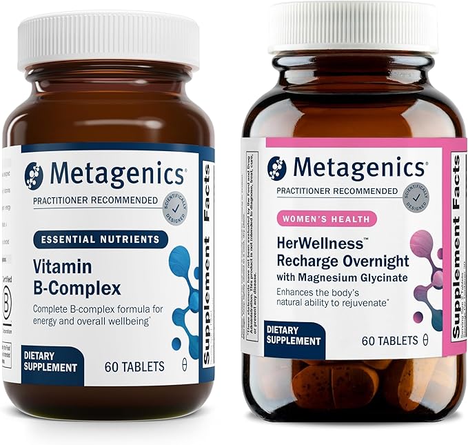 Metagenics Vitamin B-Complex + HerWellness Recharge Overnight - Energy Support &amp Healthy Stress Response - With Vitamin B6 &amp B12 - Vegetarian &amp Gluten-Free - 60 Tablets + Women's Sleep Sup