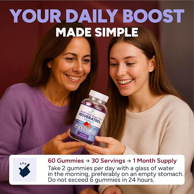 Sugar-Free Resveratrol Gummies - Potent Anti-Aging Antioxidant - Resveratrol Supplement to Support Digestive &amp Immune Health - Natural Herb for Cell Growth &amp Repair - Easy Chewable NMN Alterna