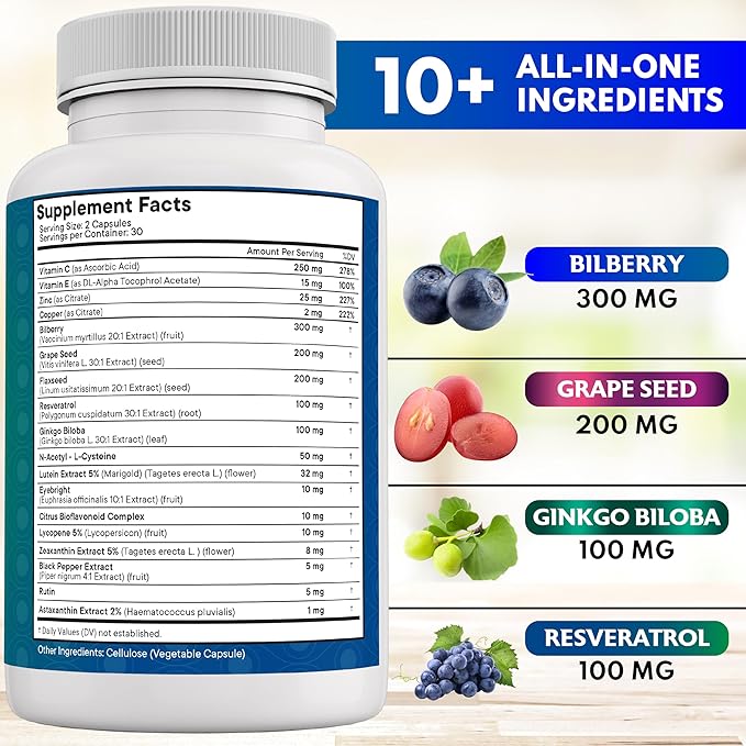 NEW AGE Eye Health Vitamins with Bilberry 300mg Lutein &amp Zeaxanthin 40mg Lycopene 40mg Resveratrol 100mg Grape Seed Extract 200mg Astaxanthin - Eye Vitamin -120 Count