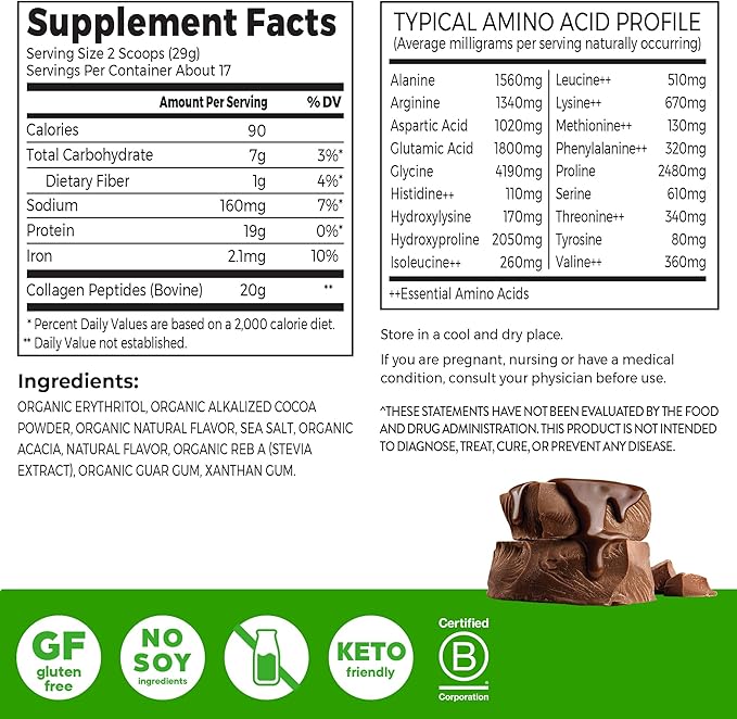 Orgain Hydrolyzed Collagen Peptides Powder For Women &amp Men Chocolate 20g Grass Fed Collagen - Hair Skin Nail &amp Joint Support Supplement Paleo &amp Keto Non-GMO Type I and III 1lb