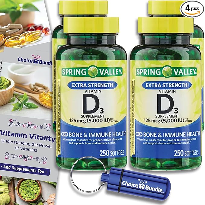 Spring Valley Vitamin D3 Softgels 125 mcg 5000 IU 250 Ct 4 pk (1000 Total) + Vitamin Vitality &amp Pill Container (6 Items)!
