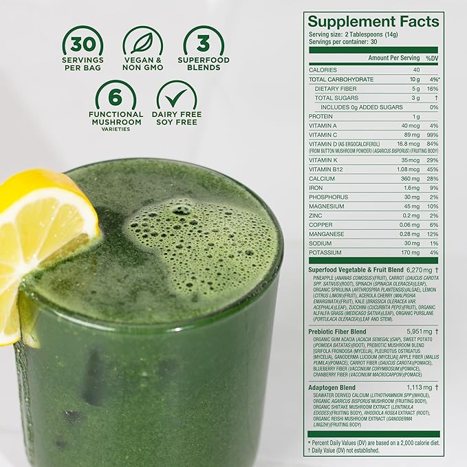 Laird Superfood Prebiotic Daily Greens Powder – Essential Vitamins &amp Minerals - Prebiotic Fiber Adaptogen and Fruits &amp Vegetables – Supports Gut Health – Non-GMO Vegan - 14.8 oz Bag Pack of