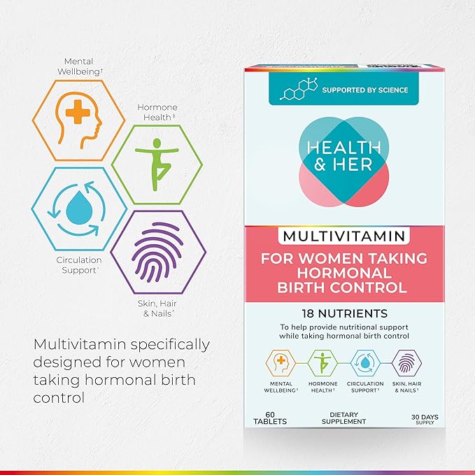 Health &amp Her Multivitamin Supplement for Women Taking Birth Control - Nutrition Support - 1 Month Supply 60 Tablets - Vegan &amp Gluten Free