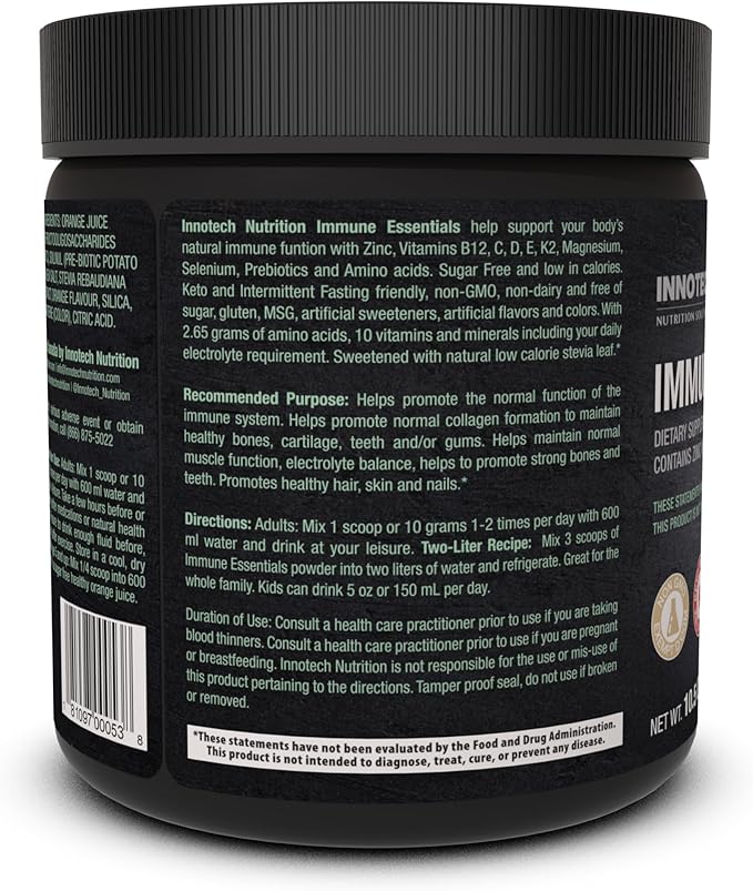 Innotech Nutrition Immune Essentials Immune Support &amp Hydration Zinc Vitamin D3 &amp Vitamin C Healthy Orange 300g