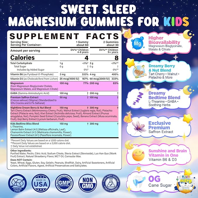 Kids Sleep Gummies NO Melatonin - Triple Magnesium Glycinate + Saffron GABA Berry &amp Nut Superfood Gummies Sugar Free Nighttime Sleep Aid &amp Calm for Kids 4+ Teens Relaxation Brain &amp Mu