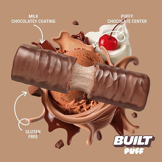 BUILT Bar Puff Protein Bars - Chocolate Milkshake - 17g Protein Snack Bars with Collagen - Calorie Conscious &amp Gluten Free - 12 Count