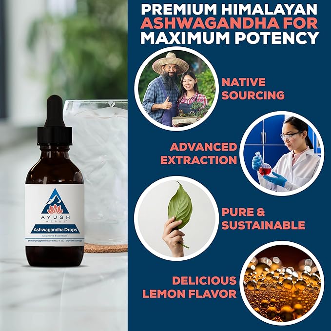 Ayush Herbs Ashwagandha Drops - Ashwagandha Alcohol-Free Drops for Adults Calming Daily Supplement for Focus &amp Attention with Organic Ashwagandha Lemon Flavor - 2 Fl Oz (80 Servings)