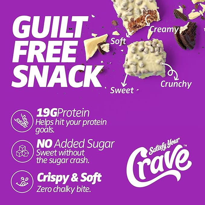 Satisfy Your Crave Protein Bars– High Protein Delicious Snacks– 19g of Protein No Added Sugar– White Chocolate Cookies &amp Cream– Perfect Breakfast On-the-Go Snack Pantry Staple &amp Office Trea