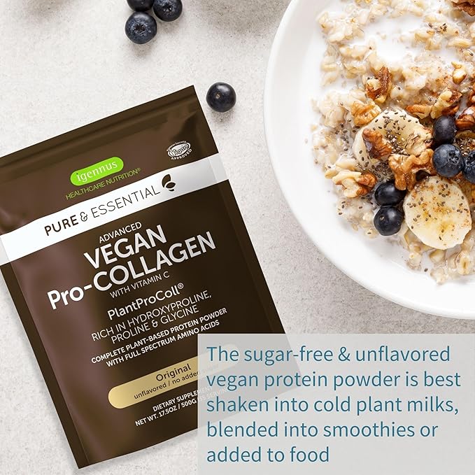 Igennus Vegan Collagen Peptide Powder Enhanced with Glycine Proline &amp Hydroxyproline &amp Cofactor Vitamin C Non GMO Complete Vegetarian Plant Based Collagen Powder Booster 35 Servings