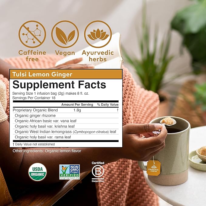 ORGANIC INDIA Tulsi Lemon Ginger Tea Bags - Herbal Tea Stress Relieving &amp Reviving Immune Support Aids Digestion Vegan USDA Certified Organic Non-GMO Caffeine-Free - 18 Infusion Bags 3 Pac