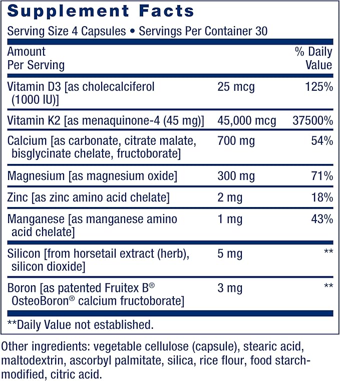 Life Extension Bone Restore Elite Calcium Supplement with Super Potent K2 Calcium Vitamin D3 Magnesium Boron zinc Vitamin K2 for Bone Health Gluten-Free Non-GMO 120 Capsules