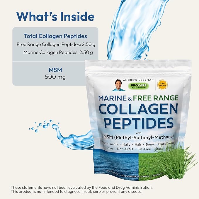 ANDREW LESSMAN Marine Free Range Collagen Peptides Powder and MSM 120 Servings - Supports Radiant Smooth Soft Skin Comfortable Joints. Super Soluble No Fishy Flavor No Additives Non-GMO