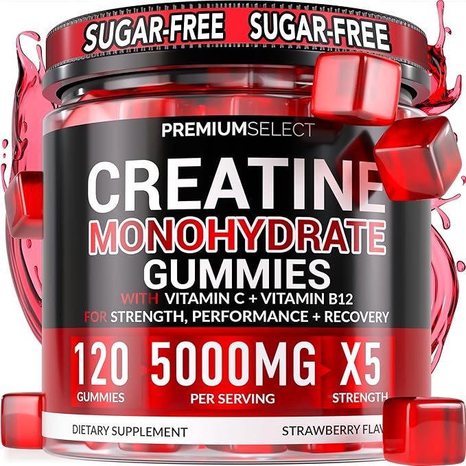 Sugar Free Creatine Monohydrate Gummies 5g Per Serving - 120 Monohydrate Creatine Gummies Advanced Complex with Vitamin C + Vitamin B12 for Muscle Strength Energy Boost Pre-Workout Gummy
