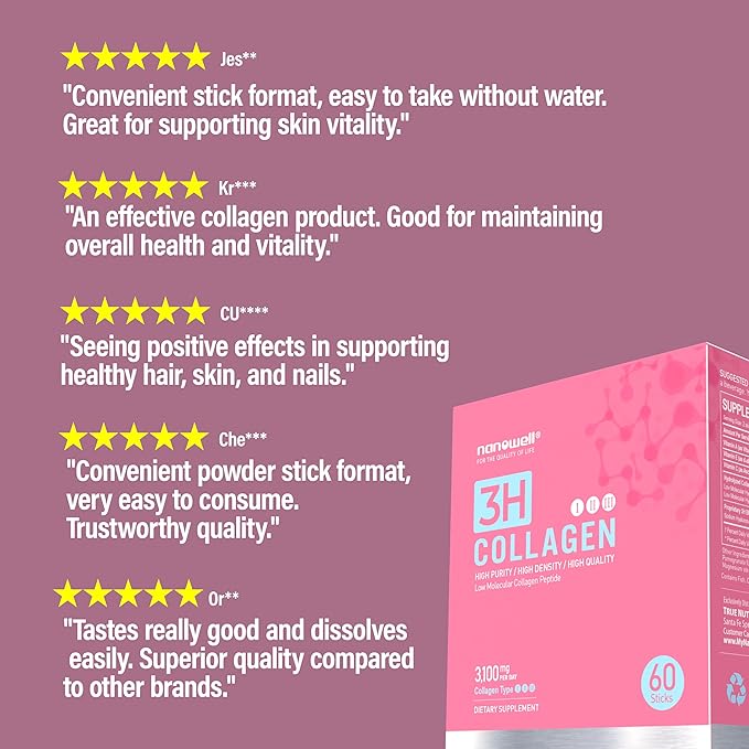 NANOWELL 3H Collagen Peptide 60 Sticks X 5 Boxes for 5 Months - I II &amp III with Vitamin AC E Hydrolyzed Elastin Peptide and Hyaluronic Acid - Hair Nail Skin and Joint Support (300 Count)