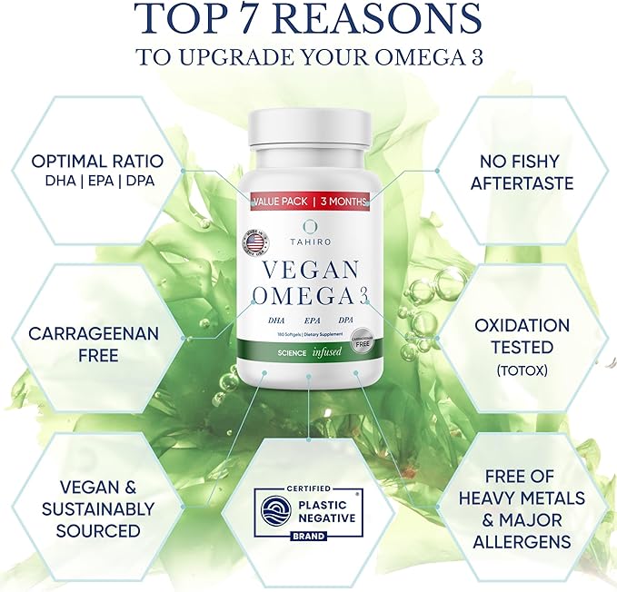 TAHIRO Vegan Omega-3 Softgels - Plant-Based Supplement with DPA DHA &amp EPA - Nutrients for Men Women and Pregnant Women - Supports Brain Health - Prenatal &amp Joint Supplements 1000mg