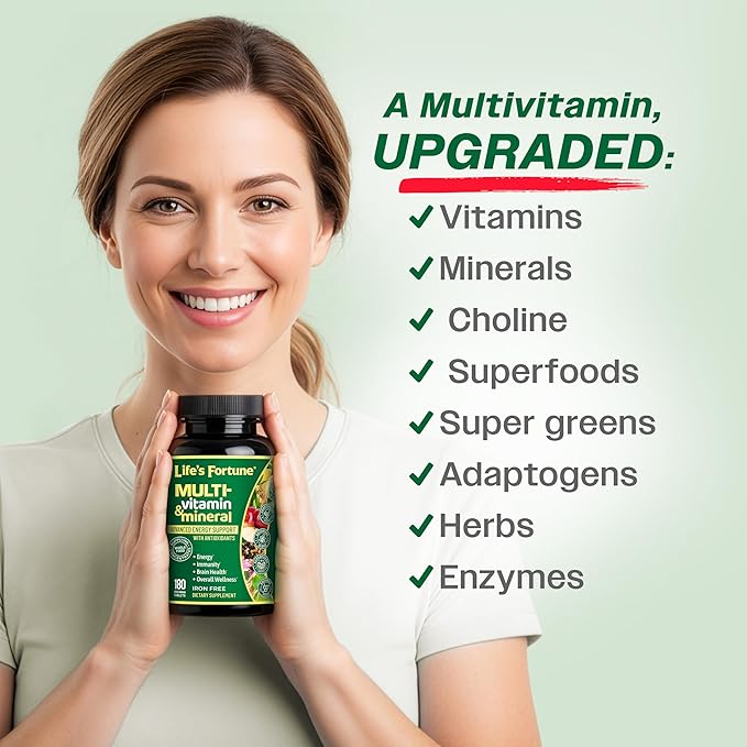 Life's Fortune Whole Food Multivitamin &amp Mineral Supplement for Men &amp Women – Energy Support Vitamins for Immune Brain &amp Metabolism Support – Iron Free 180 Vegetarian Tablets
