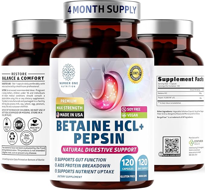 Number One Nutrition Premium Betaine Hydrochloride Enzymes Supplement with Pepsin Helps Support Protein Breakdown and Nutrient Absorption 120 Caps
