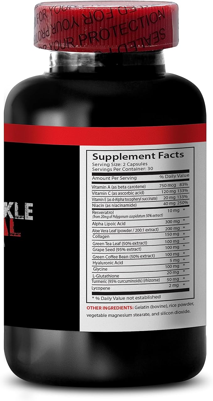 Anti-Wrinkle Complex - Green Tea Leaf Vitamin A Aloe Vera Care Hydrolyzed Collagen Trans-Resveratrol Grape Seed L-Glutathione Hyaluronic Acid Niacin Skin Texture Renewal Turmeric Root 3Bot