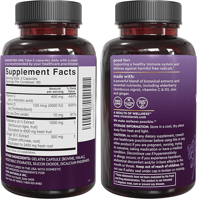 Viva Naturals Elderberry with Vitamin C and Zinc for Adults - 5 in 1 Sambucus Black Elderberry Capsules with Vitamin D3 5000 IU Immunity Supplement Sambucus Elderberry Immune Support Supplement