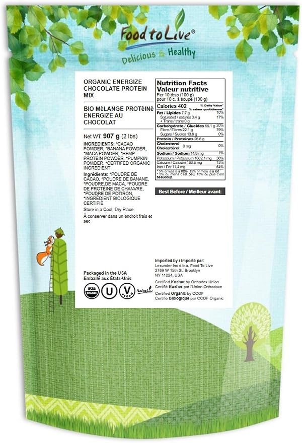 Food to Live Organic Energize Chocolate Protein Mix 2 Pounds – Plant-Based Blend with Hemp and Pumpkin Protein. Cacao Banana and Maca Powders. Perfect for Smoothies and Shakes. Vegan Kosher Bulk