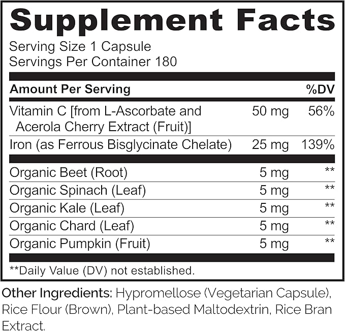 NATURELO Vegan Iron Supplement with Vitamin C and Organic Whole Foods - Gentle Iron Pills for Women &amp Men with Iron Deficiency Including Pregnancy Anemia and Vegan Diets - 180 Mini Capsules