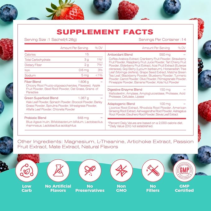 NEWELLME Happy Cleaner Digestive Supplement Powder Gut Health Drink Mix with Probiotics Digestive Enzymes &amp Fiber Supports Digestion and Bloating Berry Flavor 14 Sachets