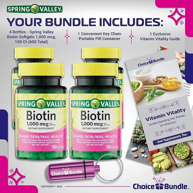 Choice Bundle Spring Valley Biotin Softgels 1000mcg Dietary Supplement for Hair Skin Nail Health 150 Ct 4 pk (600 Total) + Vitamin Guide &amp Pill Container (6 Items)!