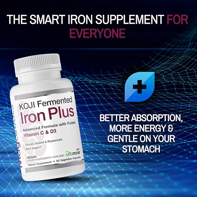 Koji Fermented Iron Plus - Iron Supplement with Vitamin C Vitamin D3 and Folate for Blood Support Easily Absorbed and Bioavailable Stomach Friendly Vegan Non-GMO - 60 Capsules