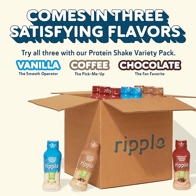 Ripple Vanilla Plant Based Protein Shake | 20g of Quality Sourced Pea Protein Calcium &amp Iron Rich | Shelf Stable | Vegan &amp Non GMO | Dairy Soy Nut &amp Gluten Free | 12 Fl Oz Bottles (Pac