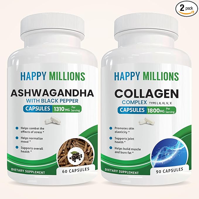 Ashwagandha with Black Pepper &amp Collagen Complex Capsules | Supports Mood Skin Elasticity &amp Joint Health | 60 + 90 Capsules | Dietary Supplement