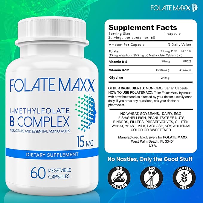 L Methylfolate 15mg with Active Vitamin B Complex – 60 Capsules – High Potency 5-MTHF with B6 Blend and Methyl B12 Supplement – 3-in-1 Non-GMO Gluten Free (2-Month Supply)