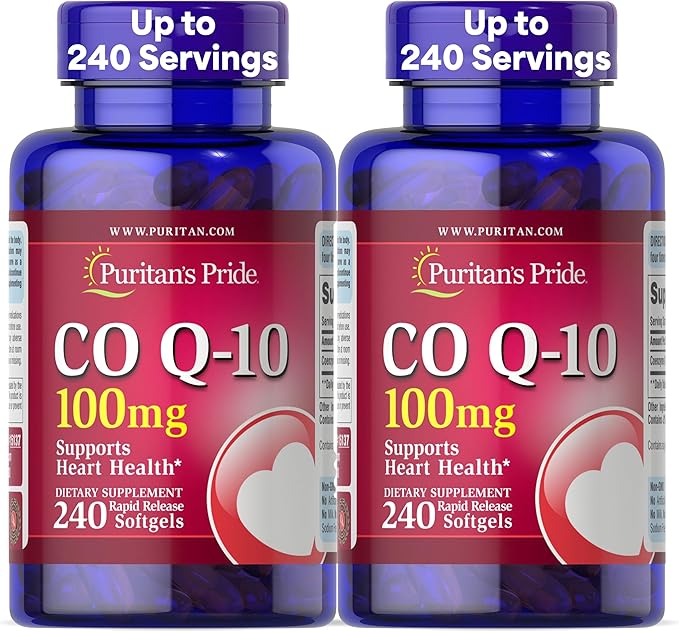 Puritan's Pride Coenzyme CoQ10 100mg Dietary Supplement for Heart Health Blood Pressure Oral Gum Health and Healthy Aging Support 240 Rapid Release Softgels 2-Pack
