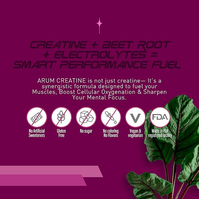 ARUM Creatine with Beetroot &amp Electrolytes – Micronized Creatine Monohydrate Powder 5g + Beet Extract 4g – Muscle Strength Endurance Hydration &amp Recovery – Vegan Sugar-Free 30 Servings