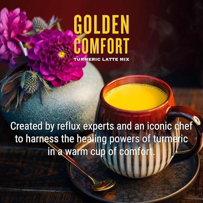 REFLUX GOURMET Golden Comfort Turmeric Latte Mix–Natural Reflux Relief Turmeric and Clinical Black Pepper Extract–Enhanced Absorption 95% Curcuminoids–Organic Ginger Cinnamon Cardamom Clove–14 ct