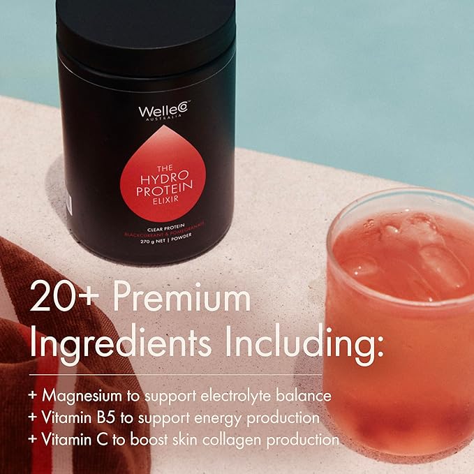 WelleCo HydroProtein Elixir Potassium Electrolyte Powder with 15g Vegan Protein for Energy Healthy Hair Skin &amp Nails Easy to Digest Powdered Electrolytes Black Currant &amp Pomegranate 9.5o