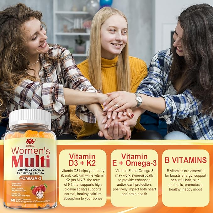 Womens Multivitamin Gummy with Omega 3（DHA/EPA) Vitamin D3 K2 Calcium Inositol Daily Womens Vitamin A C E B Complex L-MethylFolate Methyl B12Sugar Free Methylated Multivitamins Minerals 120Cts