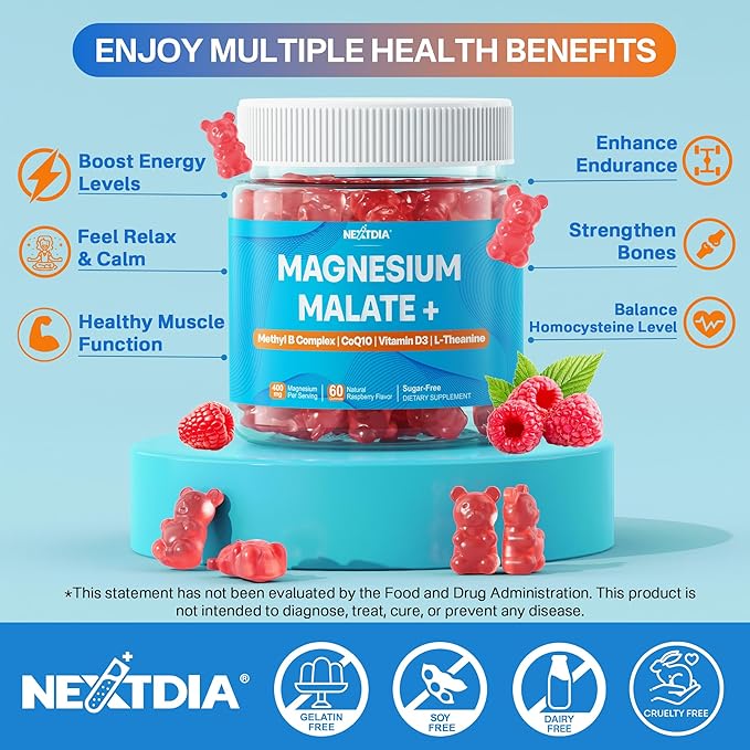 Magnesium Malate Energy Gummies Plus L-Theanine CoQ10 Methyl B12 Methylfolate B6 &amp D3-400mg Magnesium Gummy Sugar Free for Women Men Supports Muscle Function Calm &amp Relax Vegan 60 Cts