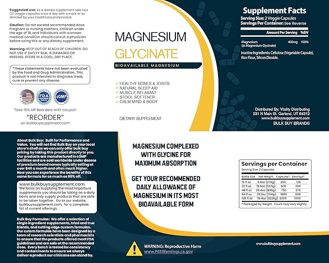 Magnesium Glycinate - 500CT 400 mg Pure Mg2+ per Serving complexed with Glycine for Maximal Absorption in a Clear Square Grip Jar