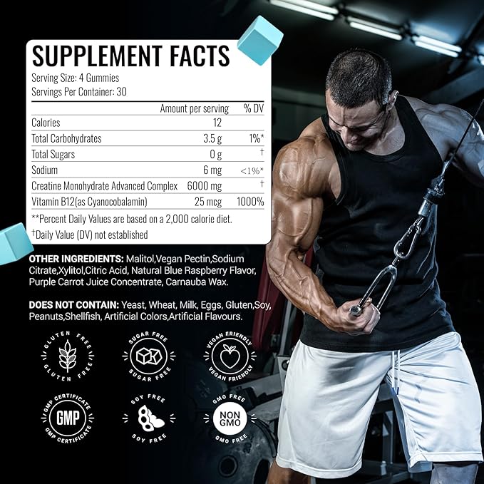Creatine Monohydrate Gummies 6g for Men WomenComplex Creatine Monohydrate Chewable for Muscle StrengthMuscle BuildingEnergy BoostPre-Workout Energy SupplementVegan Blue Raspberry - 120 Count