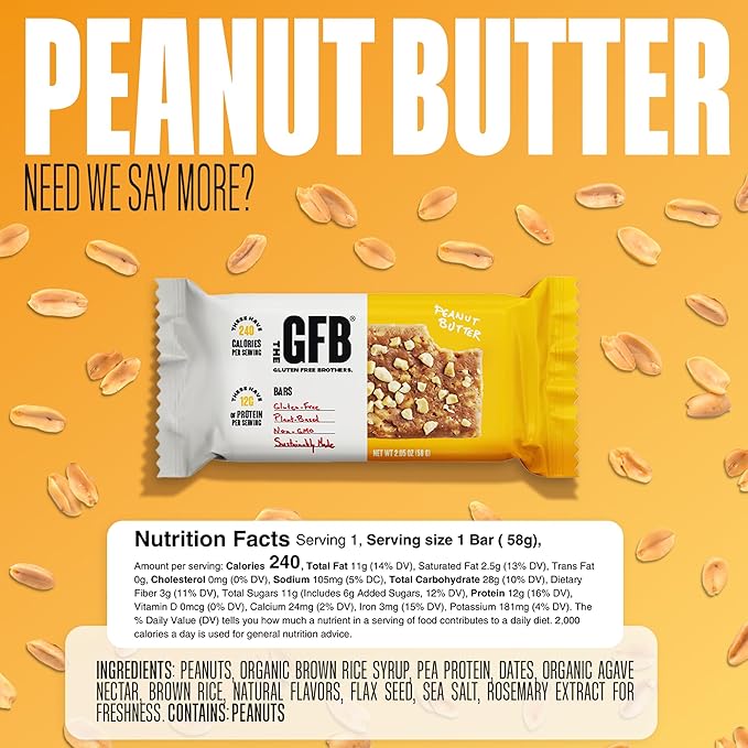 The GFB Peanut Butter Protein Bars - Gluten Free Plant Based Non GMO Sustainably Made – Ridiculously Tasty Healthy Vegan Nutrition Snack Protein Bars 2.05 oz (12 Count)