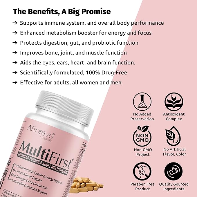MultiFirst Adult MultiVitamin Advanced Immune System &amp Overall Body Performance Formula Metabolism Booster For Energy Focus Digestive &amp Probiotic System Vitamin C A D B Complex Folate
