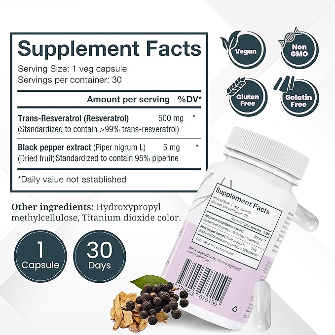 VITRUVIN Trans-Resveratrol Supplement 500mg 3 Bottles Pack Vegan Non-GMO Gluten-Free Gelatin-Free.
