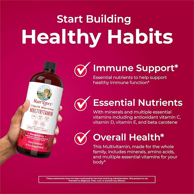 MaryRuth's Liquid Morning Multivitamin Raspberry (32oz) &amp Iron Liquid Supplement (Berry) | Clean Label Project Verified® | Vegan Non-GMO Sugar-Free | Energy Beauty &amp Overall Health