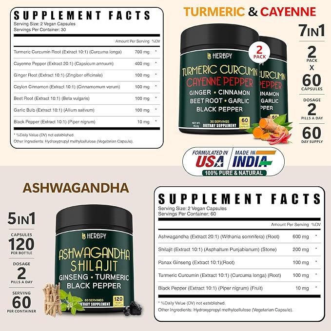 Bundle 7in1 Turmeric Curcumin &amp 5in1 Ashwagandha Shilajit Supplement