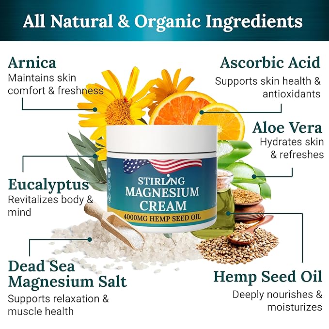 STIRLING Magnesium Cream - 4000mg Hemp Seed Oil + Magnesium &amp Arnica - Supports Joint Mobility Muscle Comfort &amp Back Function - Made in USA with Premium Ingredients