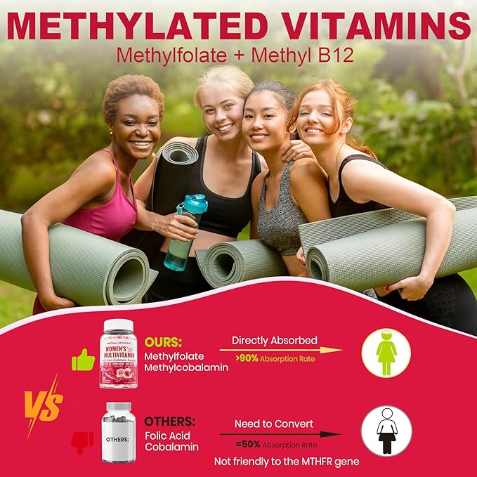 (2 Pack) Sugar Free Methylated Multivitamin for Women Gummies with Calcium D3 K2 Inositol Folate Biotin Iron Vitamin A C E B Complex - Multi Vitamins &amp Minerals - Energy Immune Bone - V