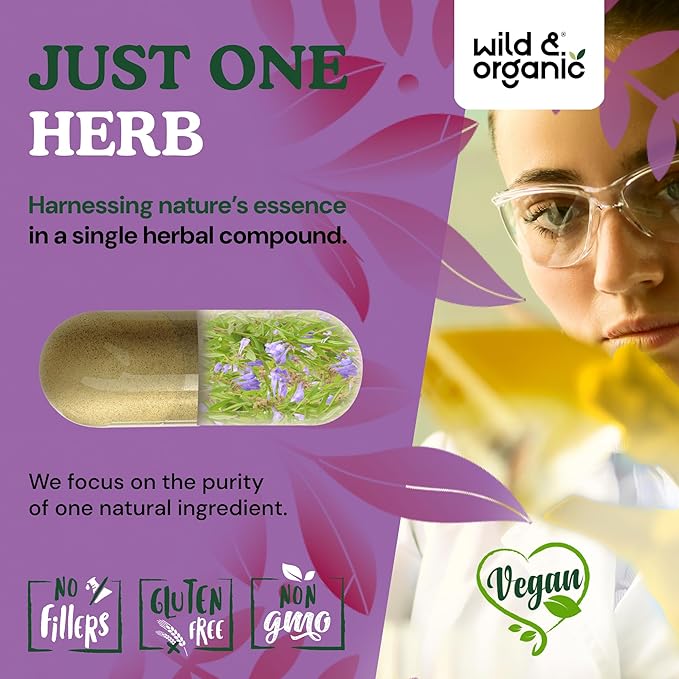 Wild &amp Organic Skullcap Capsules 1200 mg - Calming Skullcap Herb Supplement - 90 Capsules - Scutellaria Lateriflora Leaf Extract - 45 Days of Supply - Vegan No Fillers Non-GMO