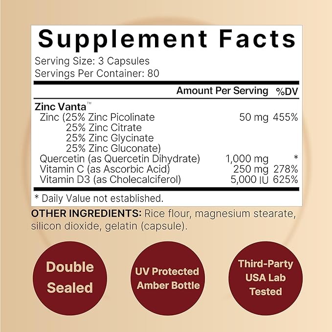 NatureBell Zinc Quercetin with Vitamin C &amp D3 240 Capsules | Quercetin 1000mg + Zinc 50mg + Vitamin C 250mg + Vitamin D3 5000 IU | 4-in-1 Advanced Immune &amp Lung Support | ZincVanta Formula