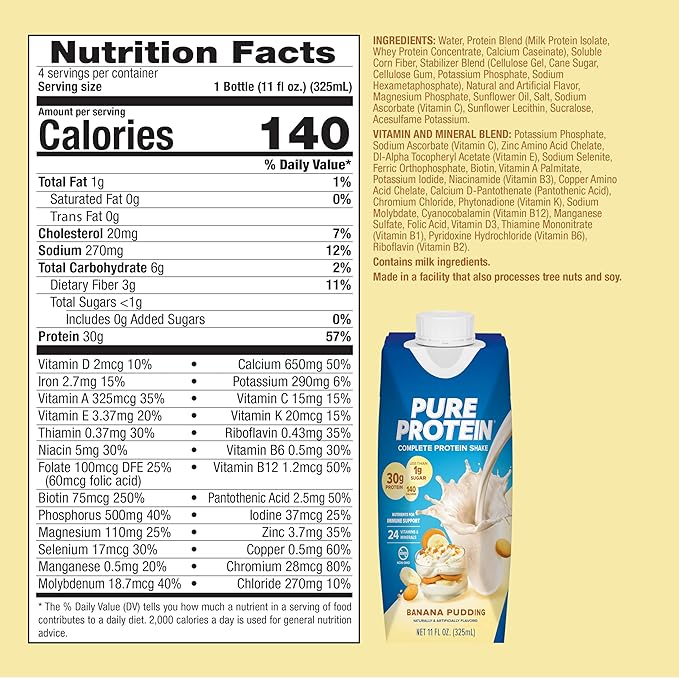 Pure Protein Complete Protein Shake Banana Pudding 30g High Protein Drink Less than 1g Sugar 3g Fiber Ready to Drink Non GMO On-the-Go Shakes 11oz Bottles 12 Pack